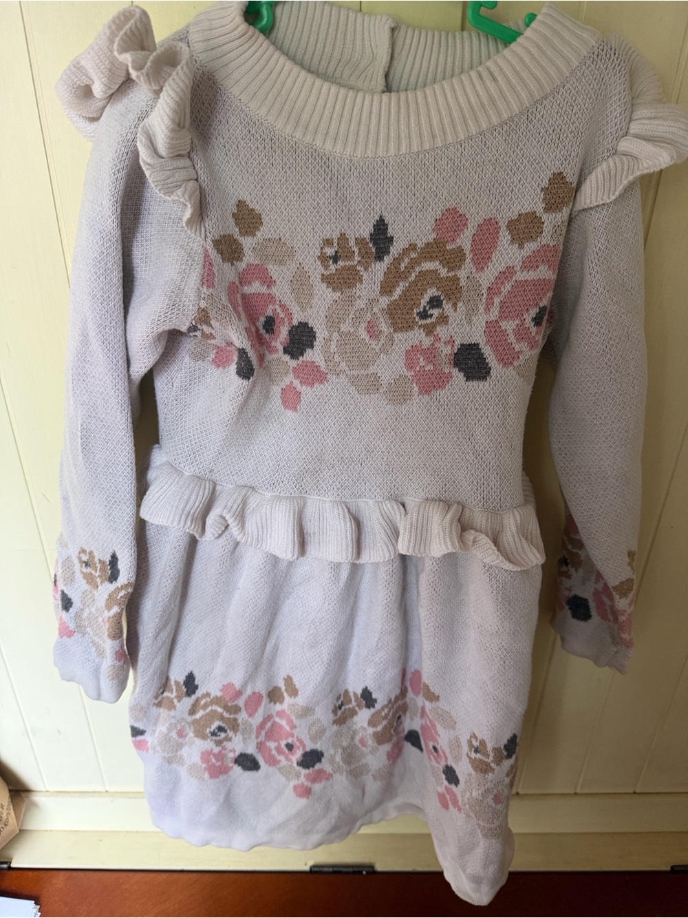 Janie and Jack Cream Floral Knit dress with Pink and Tan Accents